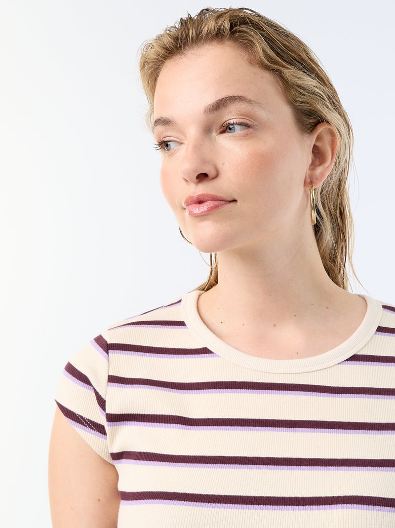 T-shirt em jersey de mangas curtas com textura canelada Branco - Kiabi