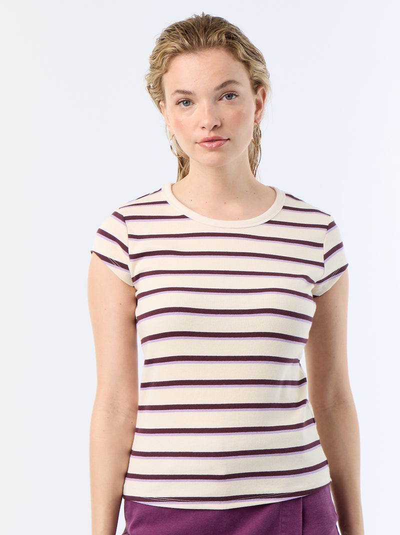 T-shirt em jersey de mangas curtas com textura canelada Branco - Kiabi