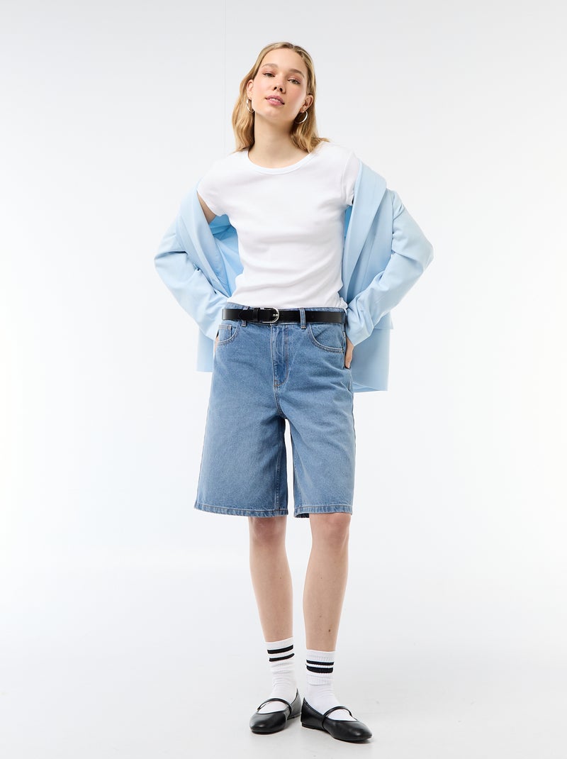 T-shirt em jersey de mangas curtas com textura canelada Branco - Kiabi