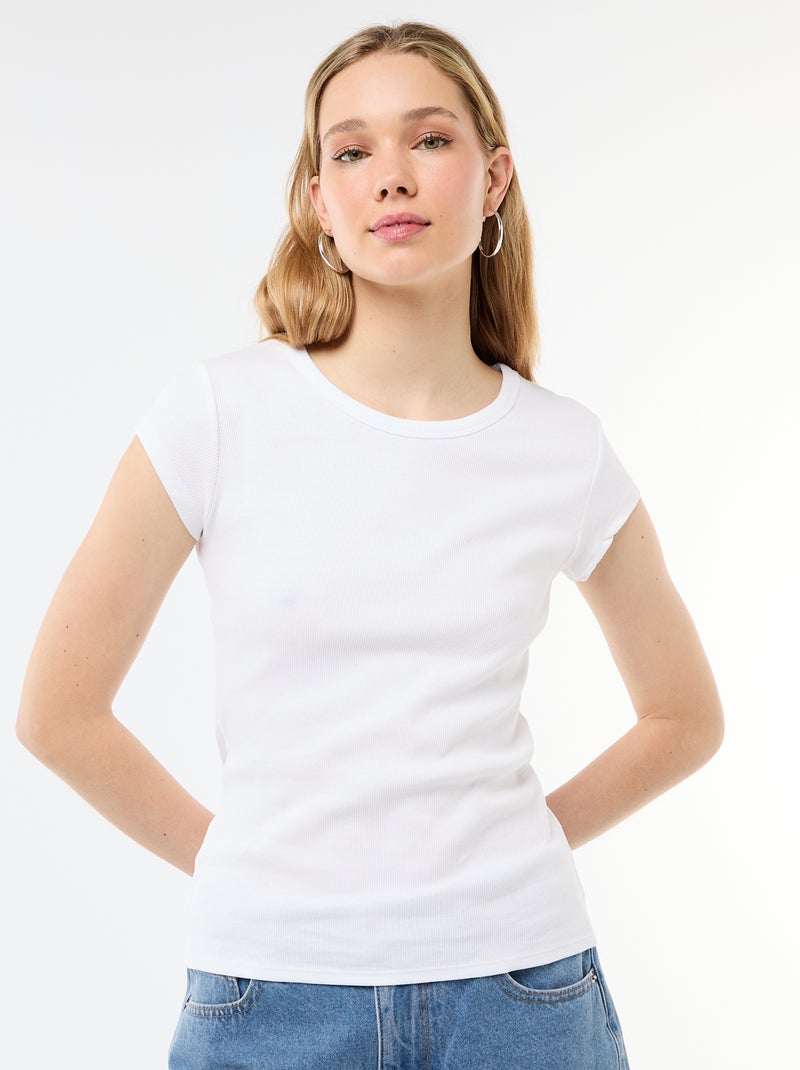 T-shirt em jersey de mangas curtas com textura canelada Branco - Kiabi