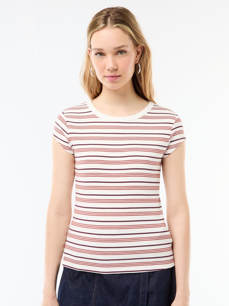 T-shirt em jersey de mangas curtas com textura canelada Branco - Kiabi
