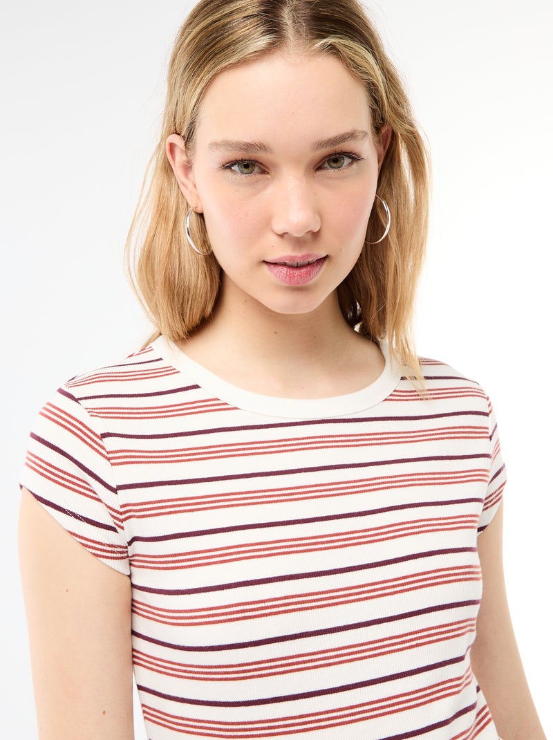 T-shirt em jersey de mangas curtas com textura canelada Branco - Kiabi