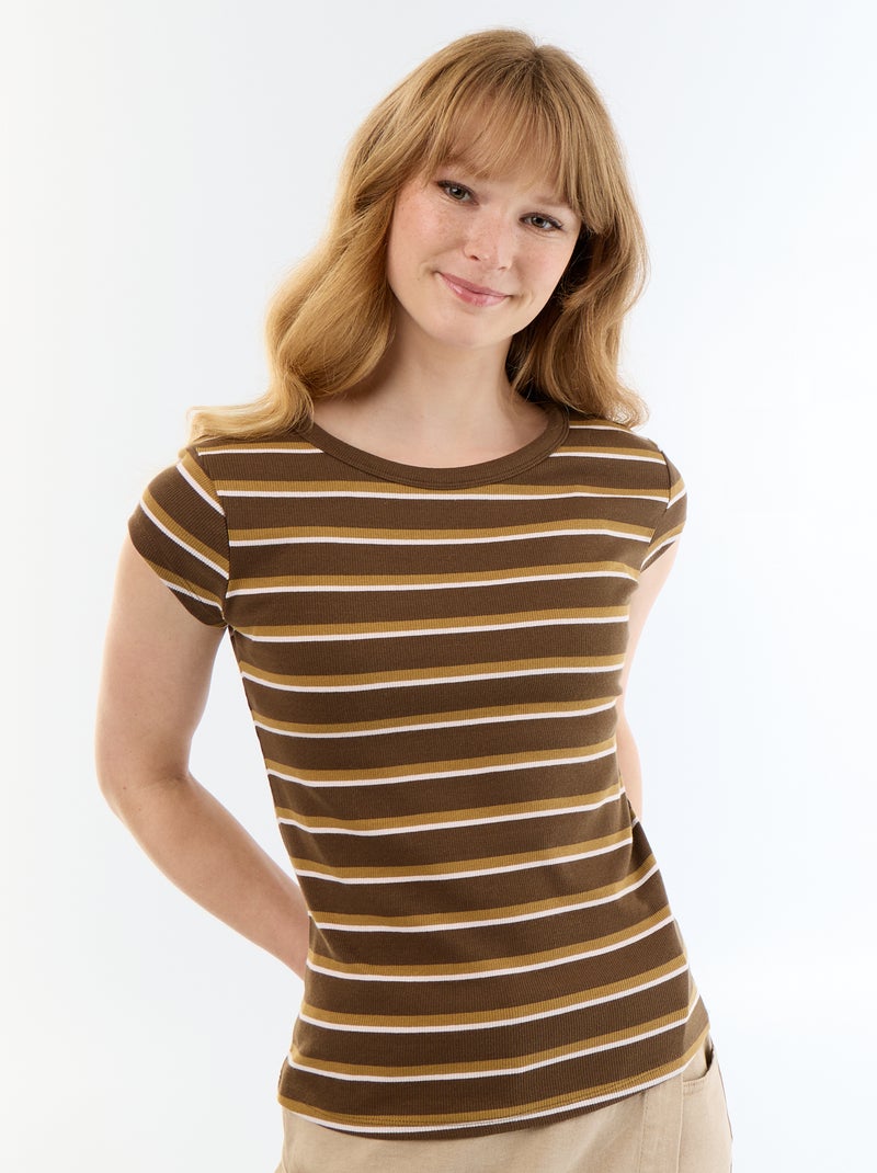 T-shirt em jersey de mangas curtas com textura canelada Castanho - Kiabi