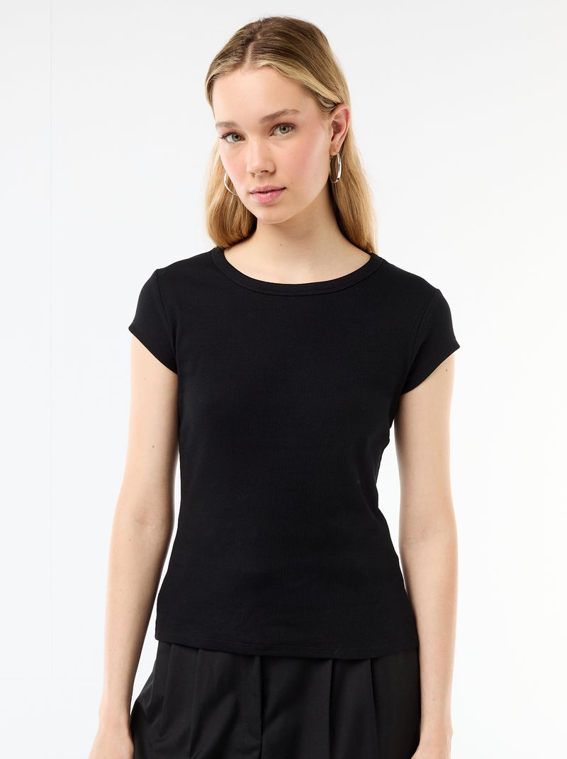 T-shirt em jersey de mangas curtas com textura canelada Preto - Kiabi