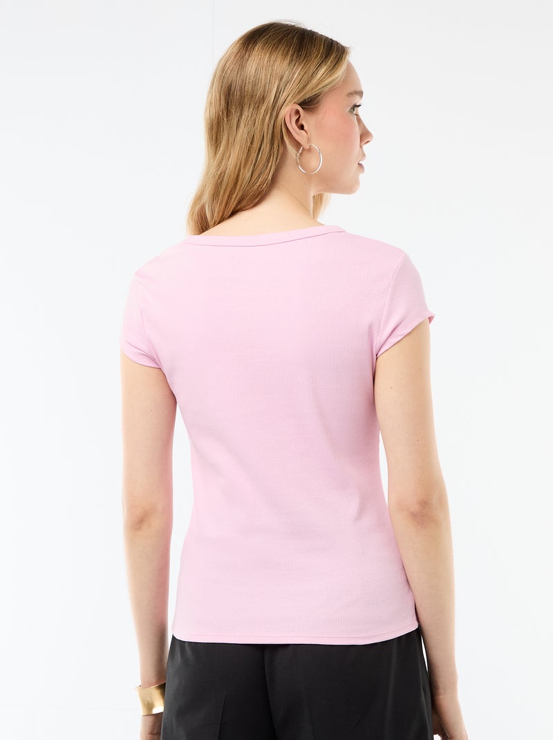 T-shirt em jersey de mangas curtas com textura canelada Rosa - Kiabi