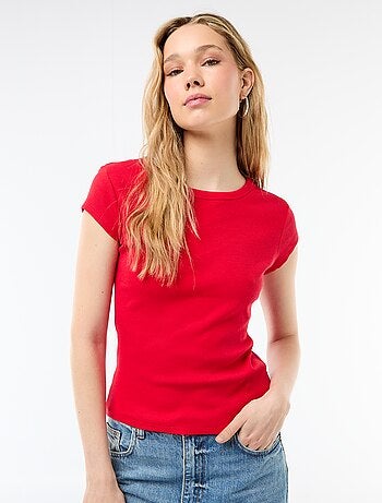T-shirt em jersey de mangas curtas com textura canelada