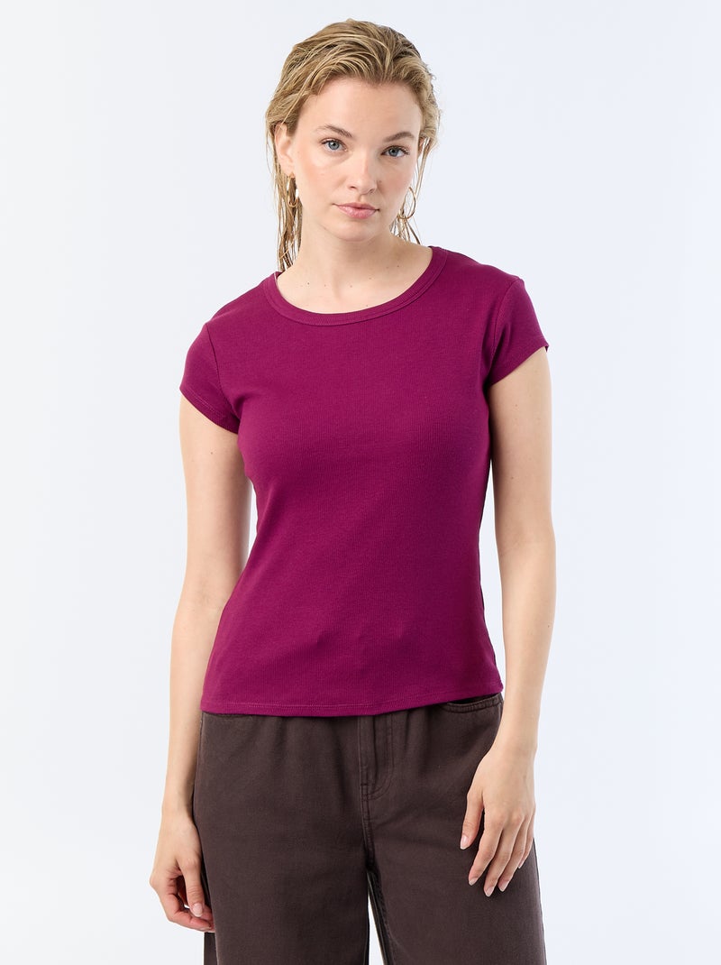 T-shirt em jersey de mangas curtas com textura canelada Violeta - Kiabi