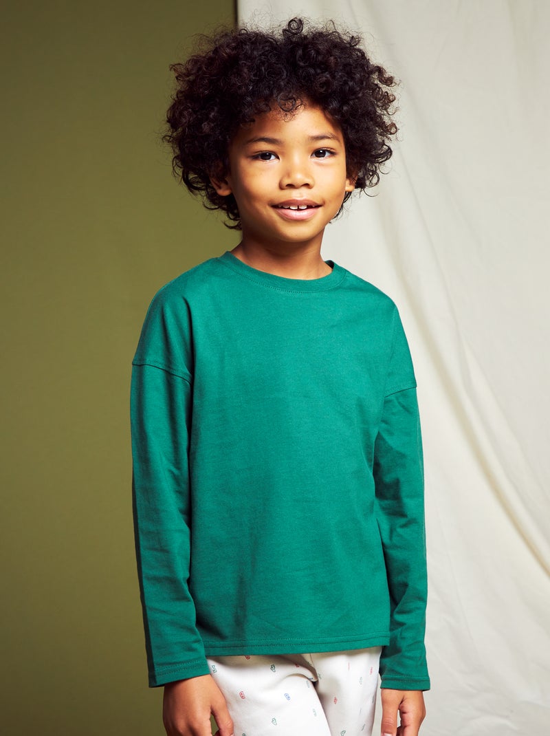 T-shirt em jersey lisa de manga comprida Verde - Kiabi