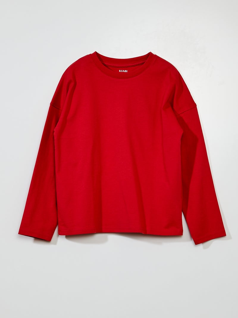 T-shirt em jersey lisa de manga comprida Vermelho Framboesa - Kiabi