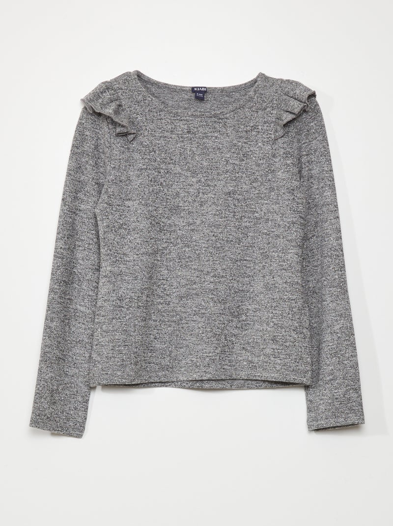 T-shirt em malha brilhante com ombros com folhos CINZA - Kiabi