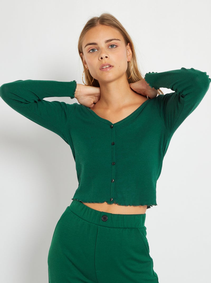 T-shirt em malha canelada com abertura com botões VERDE - Kiabi