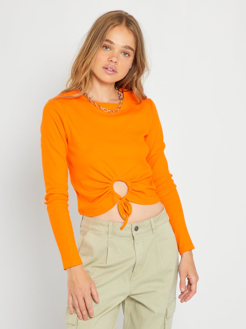 T-shirt em malha canelada com abertura Laranja - Kiabi