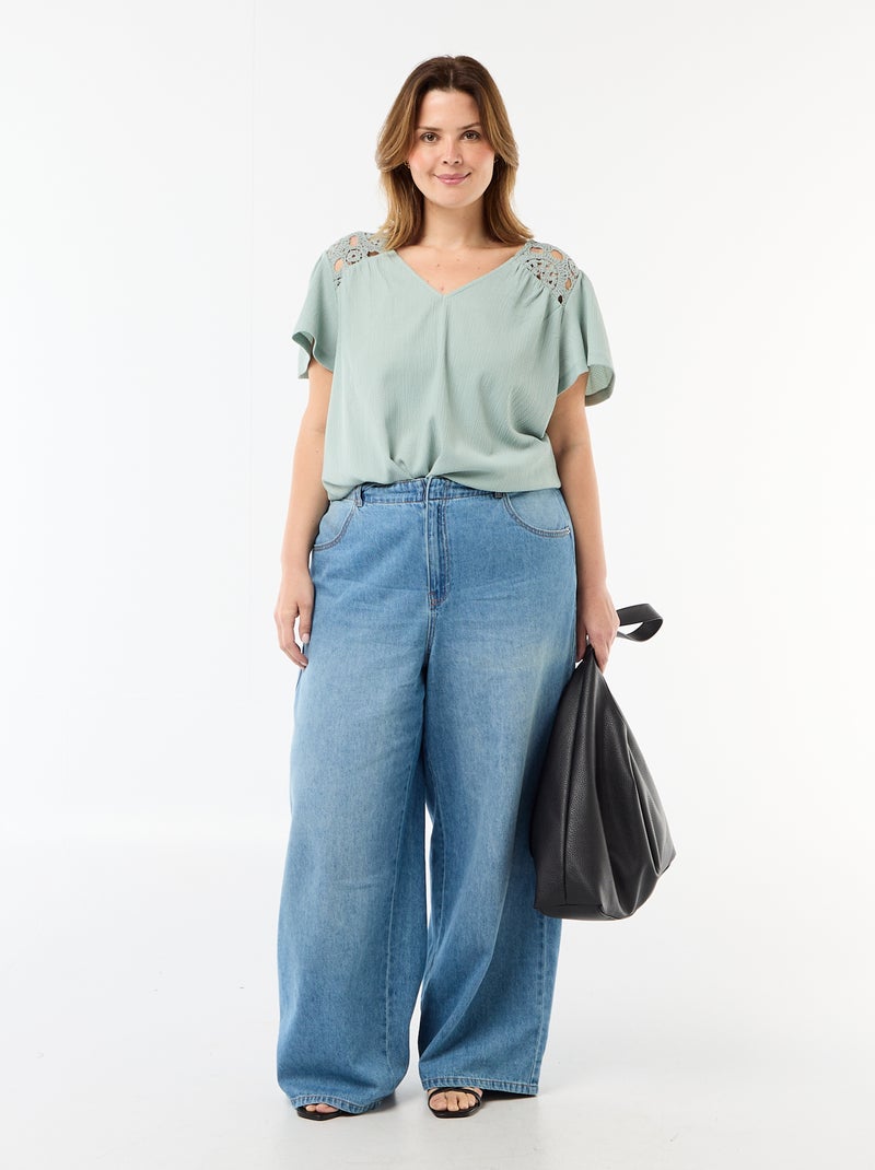 T-shirt em malha crepe e macramé Azul - Kiabi