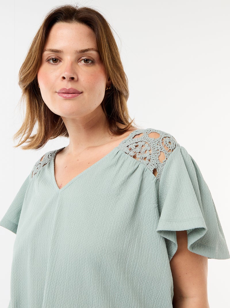 T-shirt em malha crepe e macramé Azul - Kiabi