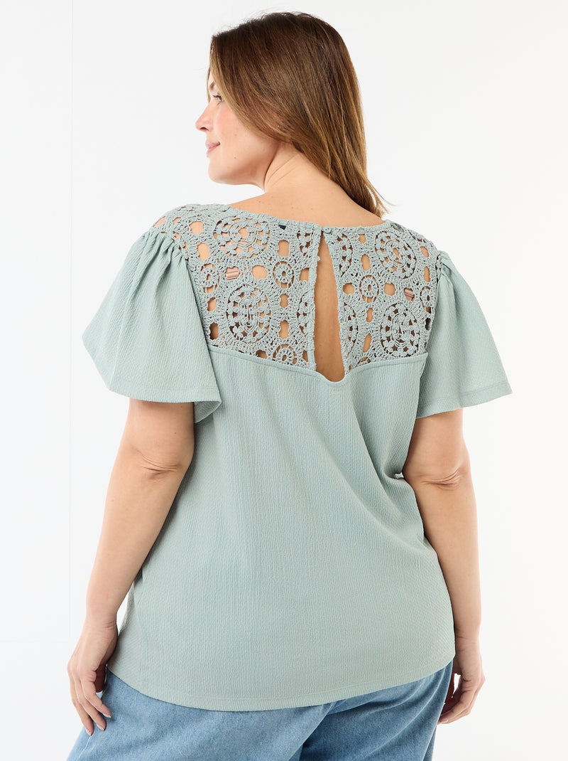 T-shirt em malha crepe e macramé Azul - Kiabi