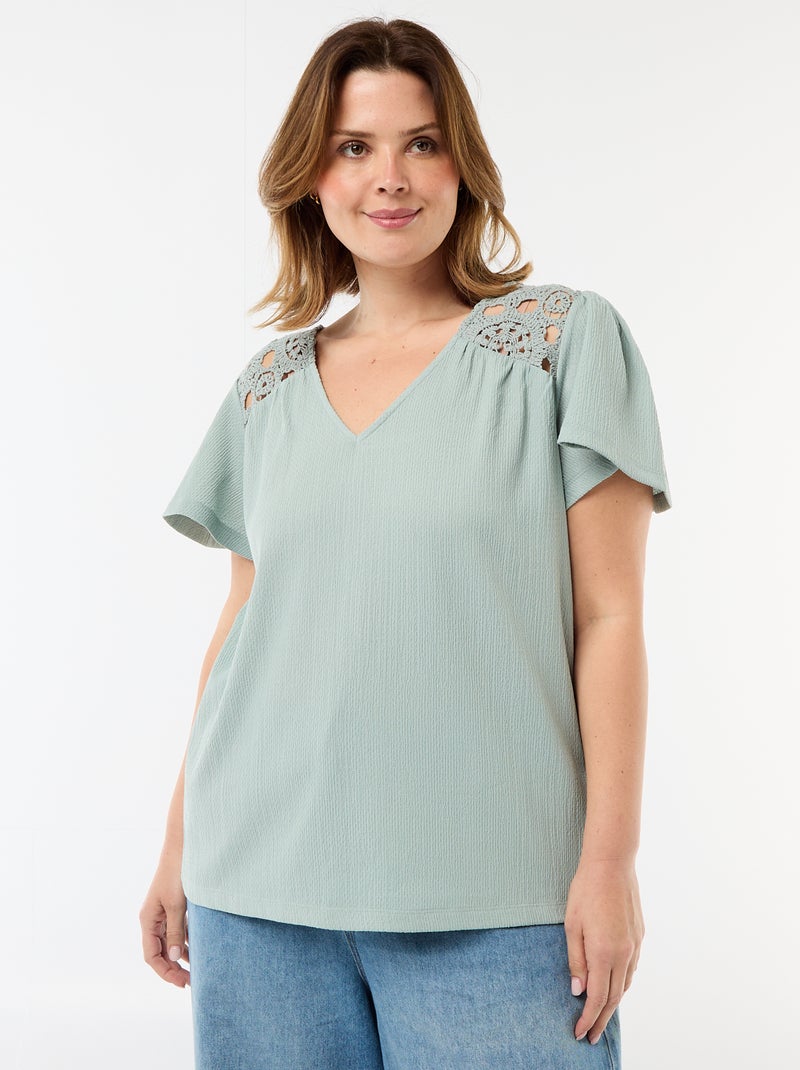 T-shirt em malha crepe e macramé Azul - Kiabi