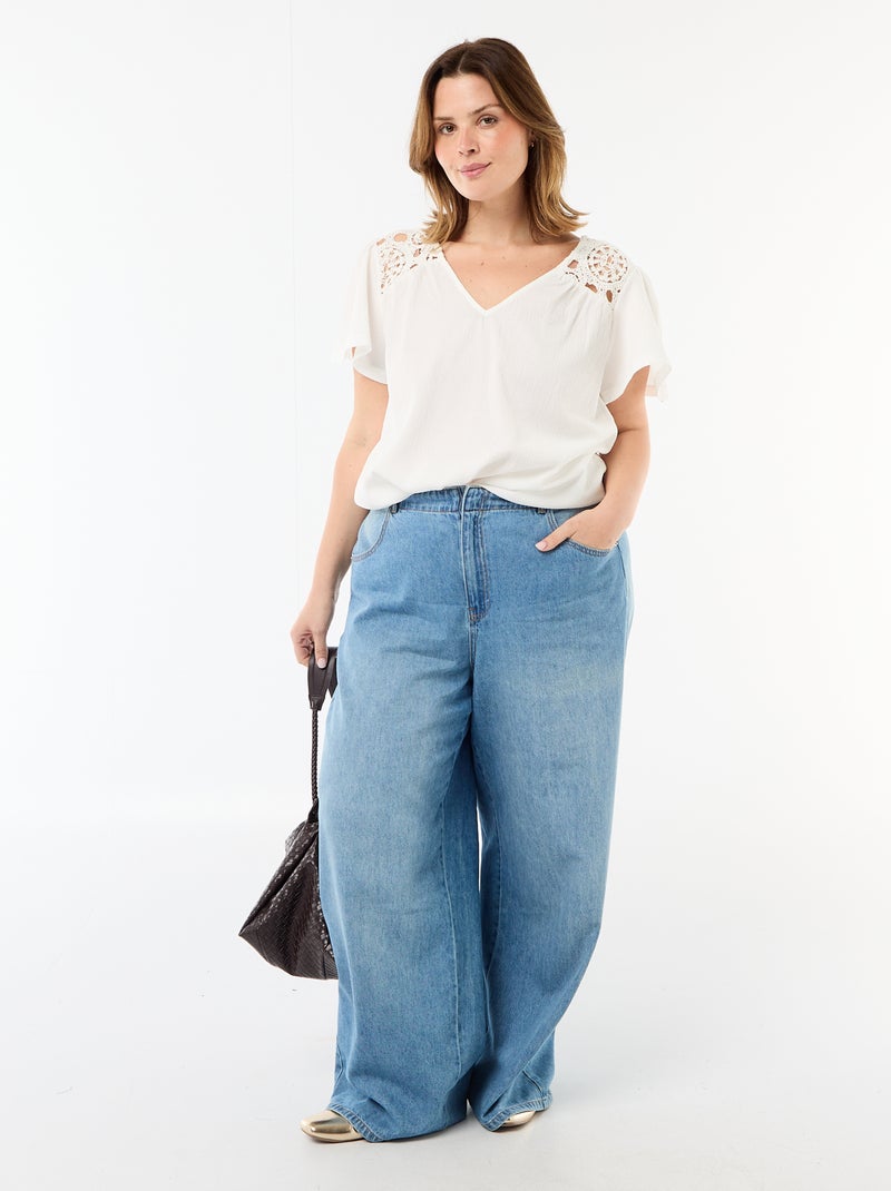 T-shirt em malha crepe e macramé Branco - Kiabi