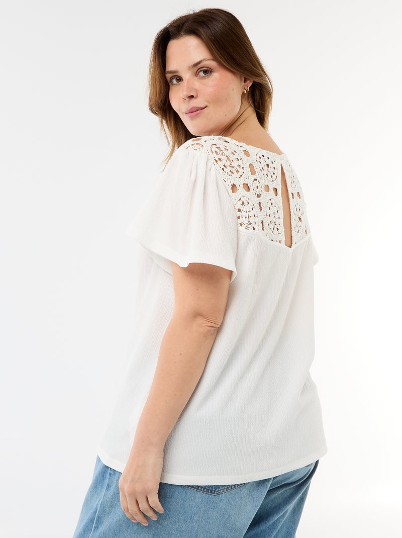 T-shirt em malha crepe e macramé Branco - Kiabi