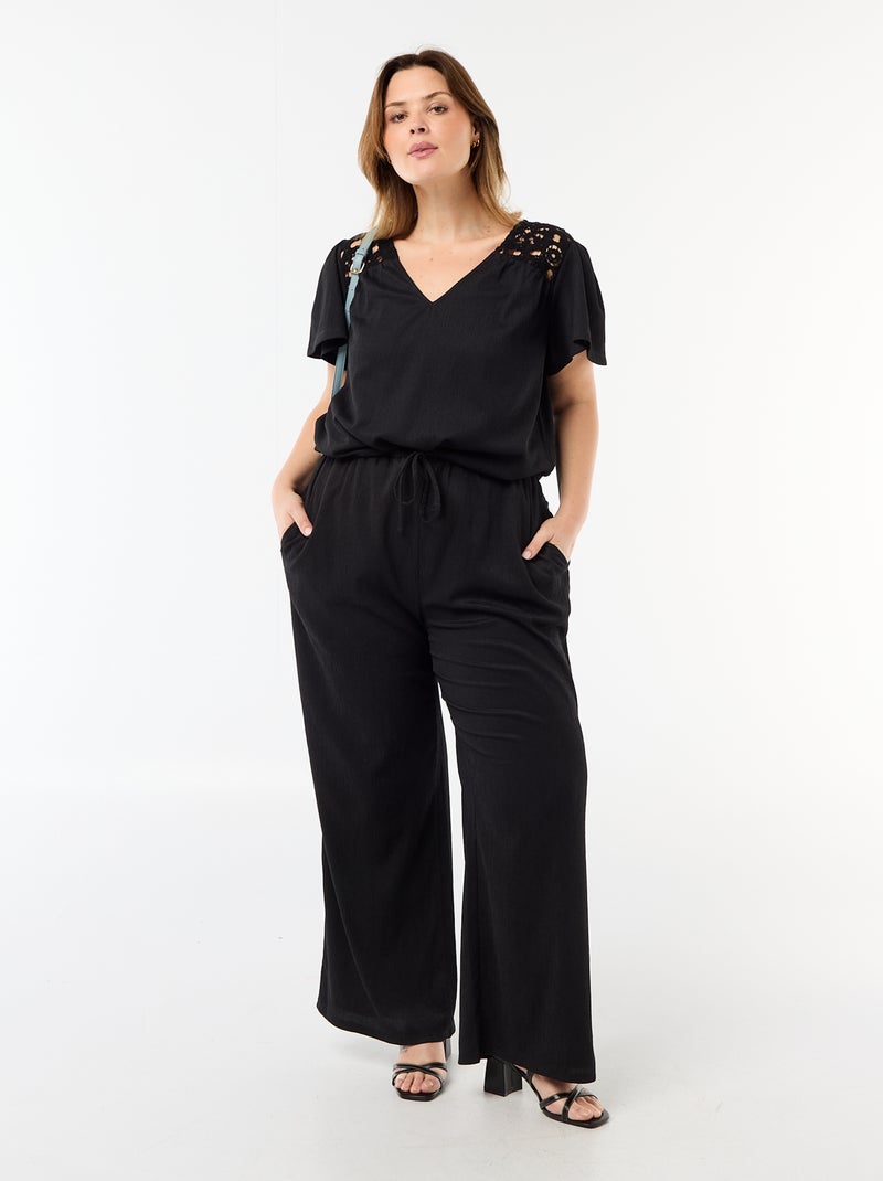 T-shirt em malha crepe e macramé Preto - Kiabi