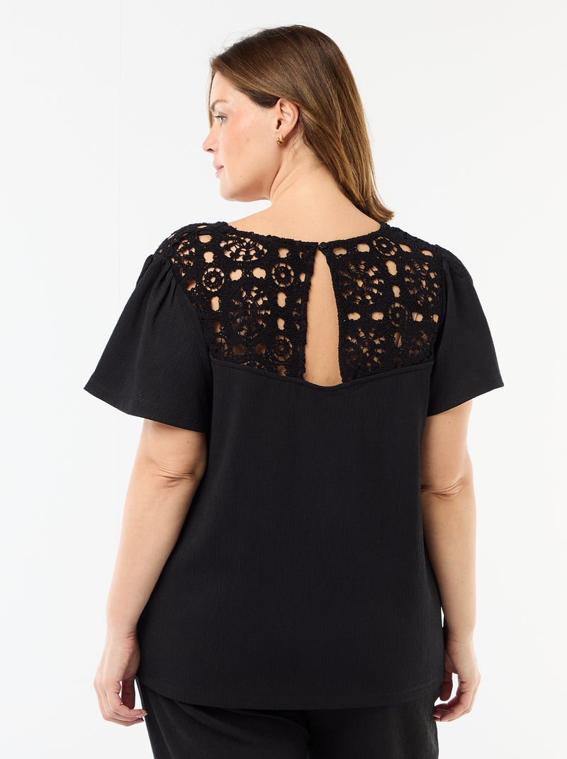 T-shirt em malha crepe e macramé Preto - Kiabi