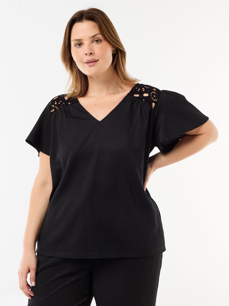 T-shirt em malha crepe e macramé Preto - Kiabi