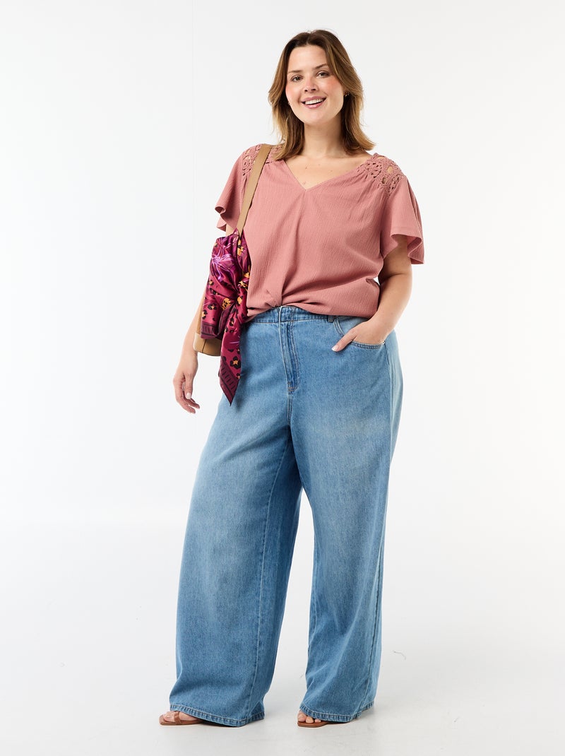 T-shirt em malha crepe e macramé Rosa - Kiabi