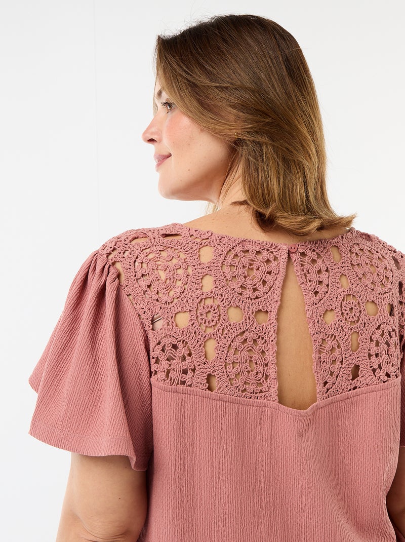 T-shirt em malha crepe e macramé Rosa - Kiabi