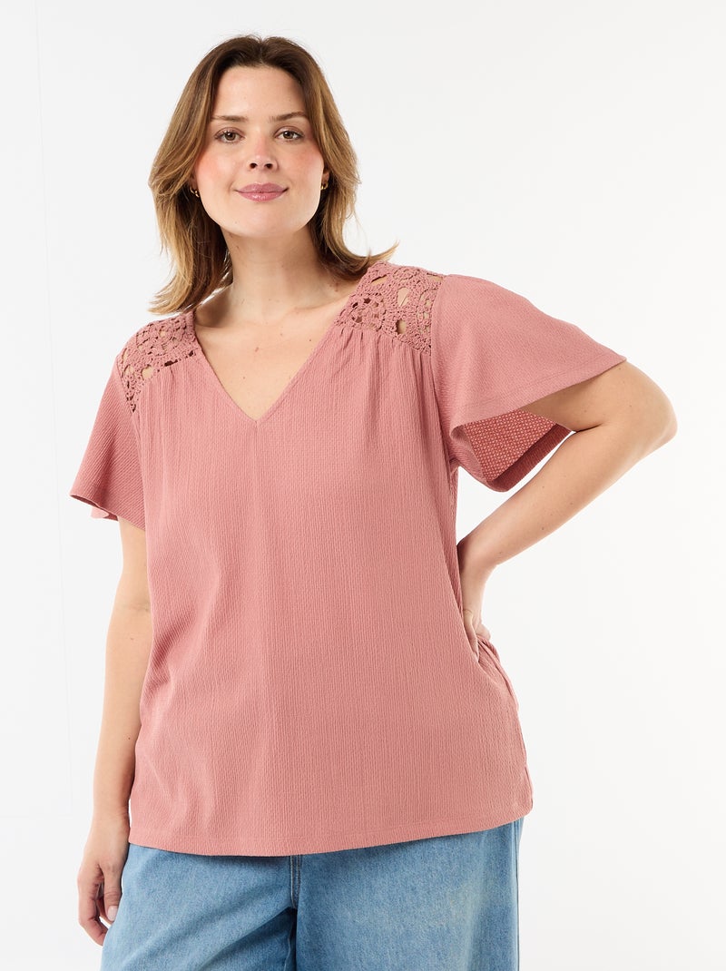 T-shirt em malha crepe e macramé Rosa - Kiabi