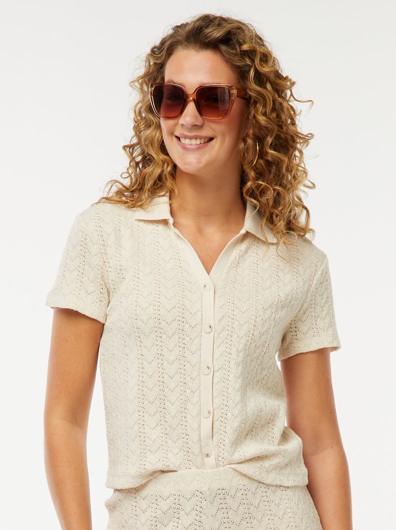 T-shirt em malha croché com colarinho de polo Bege - Kiabi
