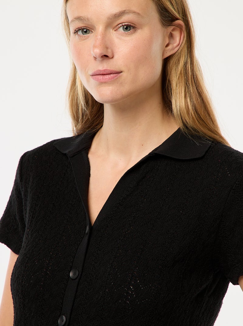 T-shirt em malha croché com colarinho de polo Preto - Kiabi