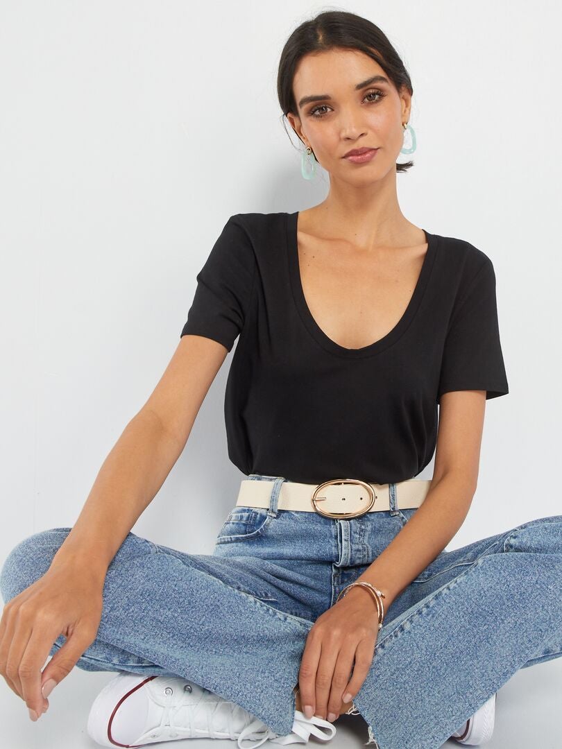 T-shirt em malha jersey com gola redonda Preto - Kiabi