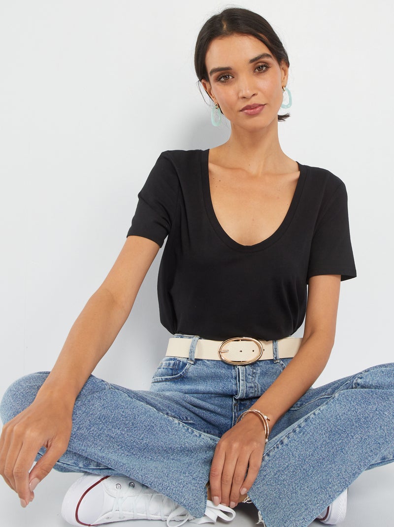 T-shirt em malha jersey com gola redonda Preto - Kiabi