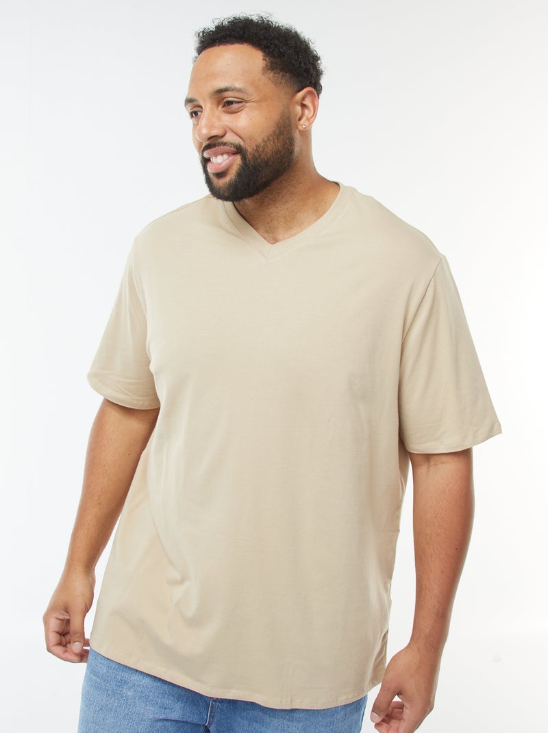 T-shirt em malha jersey de manga curta e decote em bico Bege - Kiabi