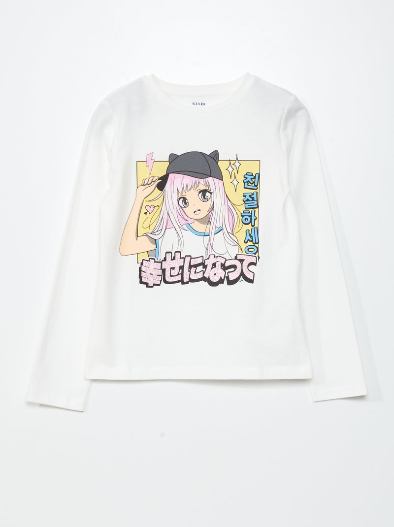 T-shirt em malha jersey 'manga' Branco - Kiabi