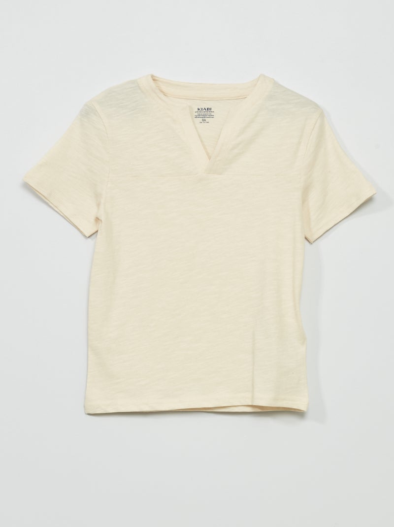 T-shirt em malha mesclada com decote em bico grande BEGE - Kiabi