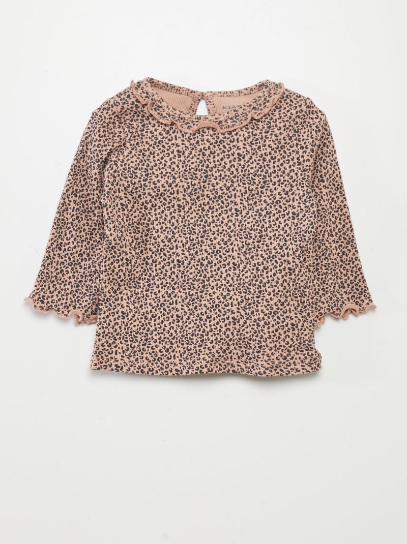 T-shirt em malha nervurada com folhos BEGE - Kiabi