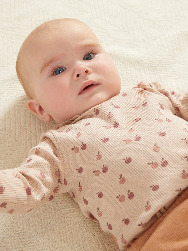 T-shirt em malha nervurada com folhos BEGE - Kiabi