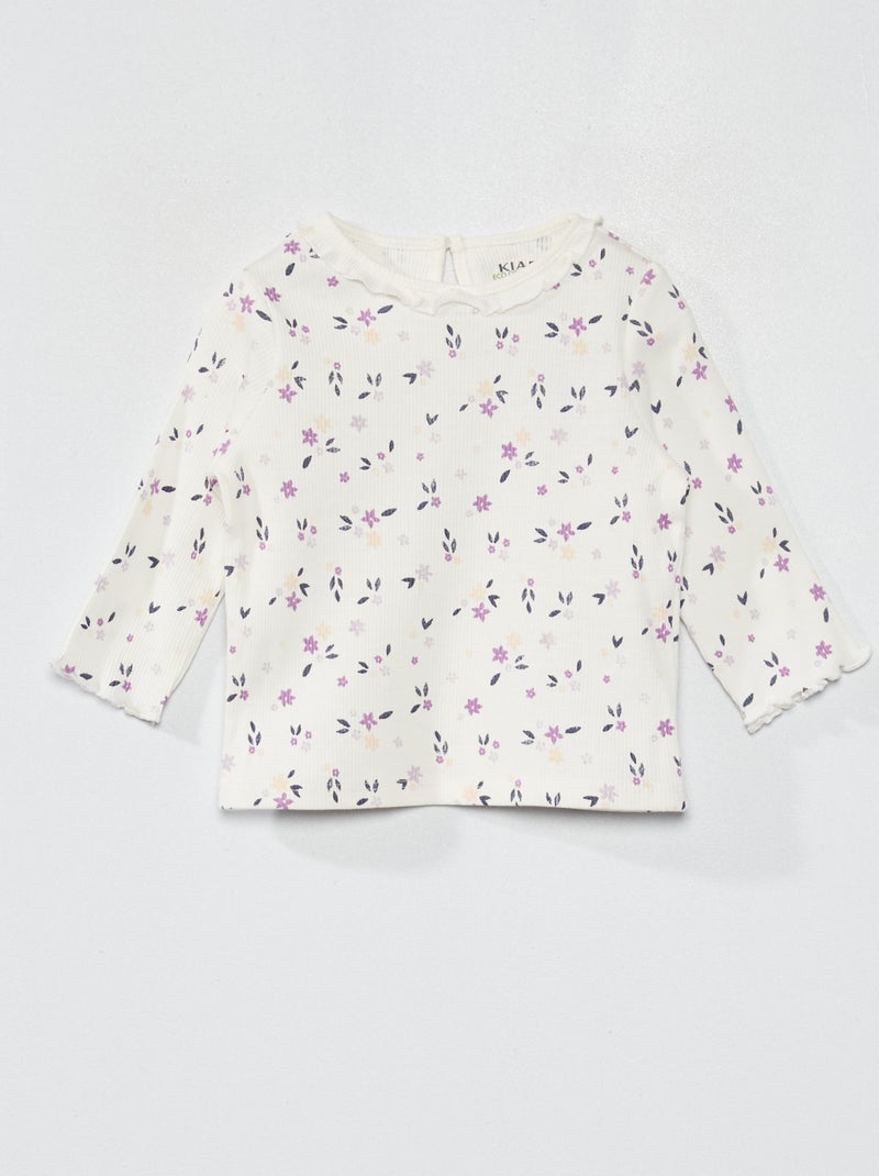 T-shirt em malha nervurada com folhos BRANCO - Kiabi
