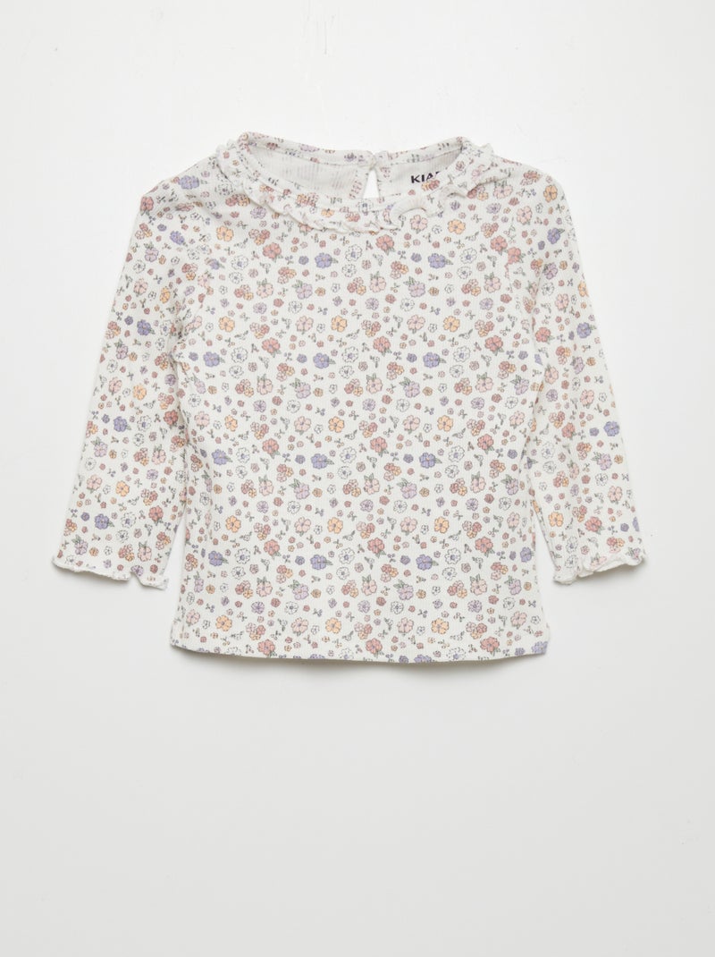 T-shirt em malha nervurada com folhos BRANCO - Kiabi