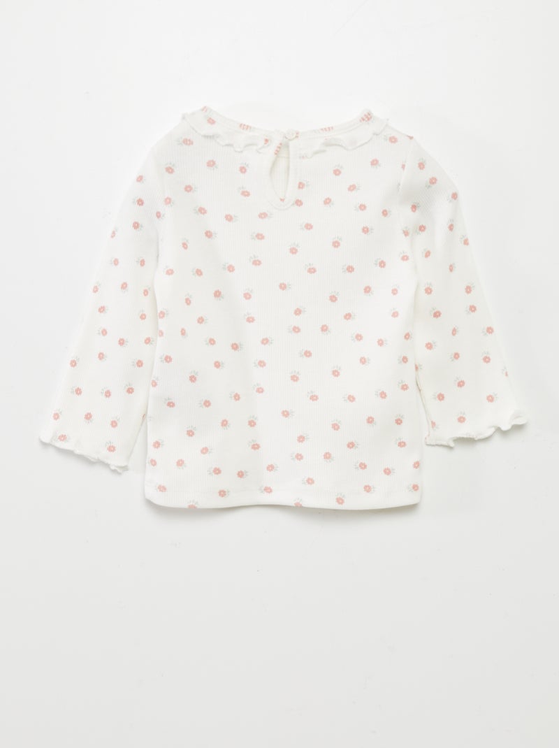 T-shirt em malha nervurada com folhos BRANCO - Kiabi