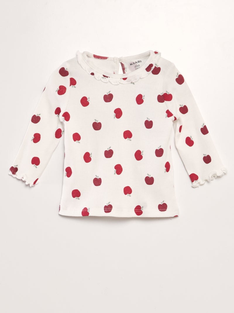 T-shirt em malha nervurada com folhos BRANCO - Kiabi