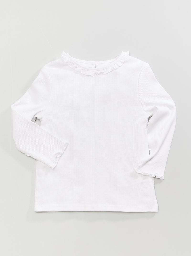 T-shirt em malha nervurada com folhos Branco - Kiabi