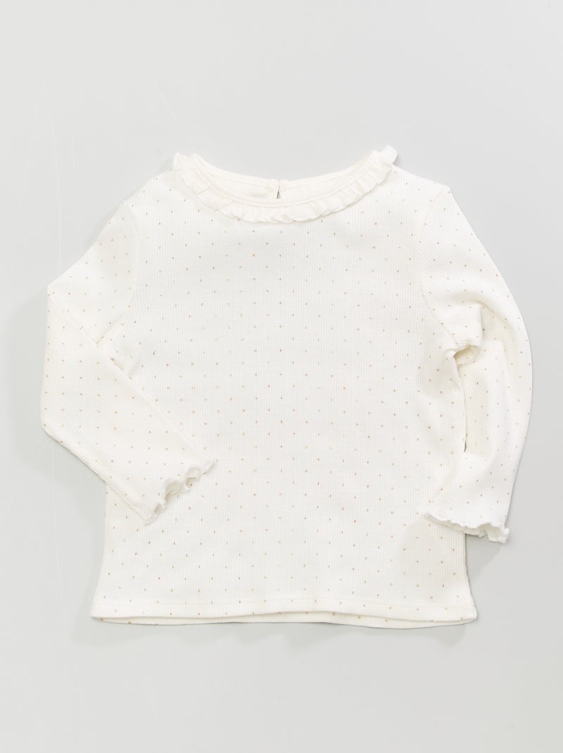 T-shirt em malha nervurada com folhos BRANCO - Kiabi
