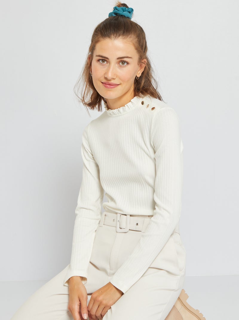 T-shirt em malha nervurada com folhos BRANCO - Kiabi