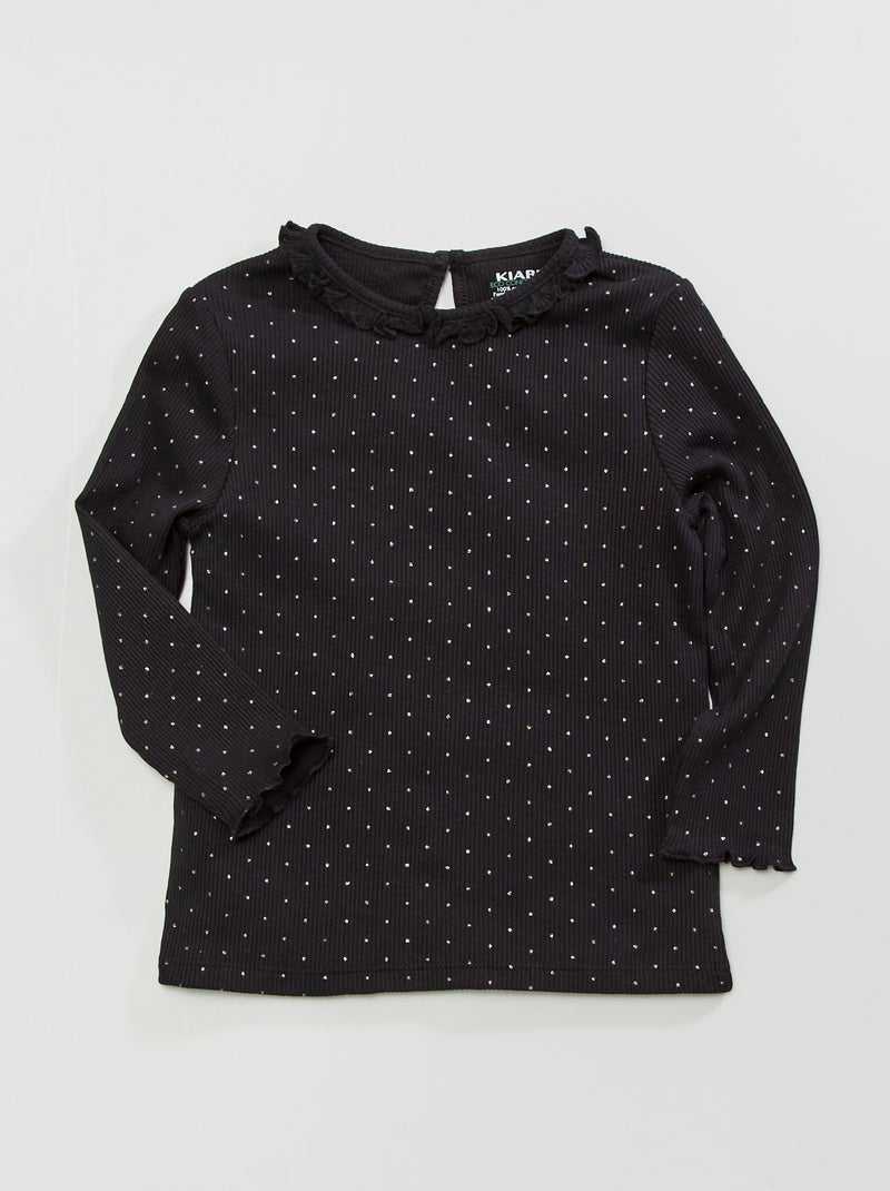 T-shirt em malha nervurada com folhos PRETO - Kiabi