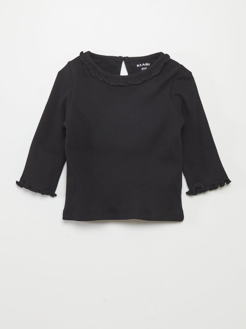 T-shirt em malha nervurada com folhos PRETO - Kiabi