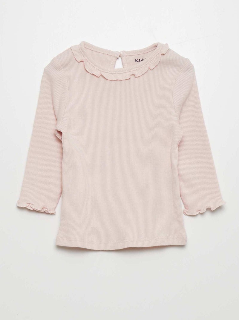 T-shirt em malha nervurada com folhos ROSA - Kiabi