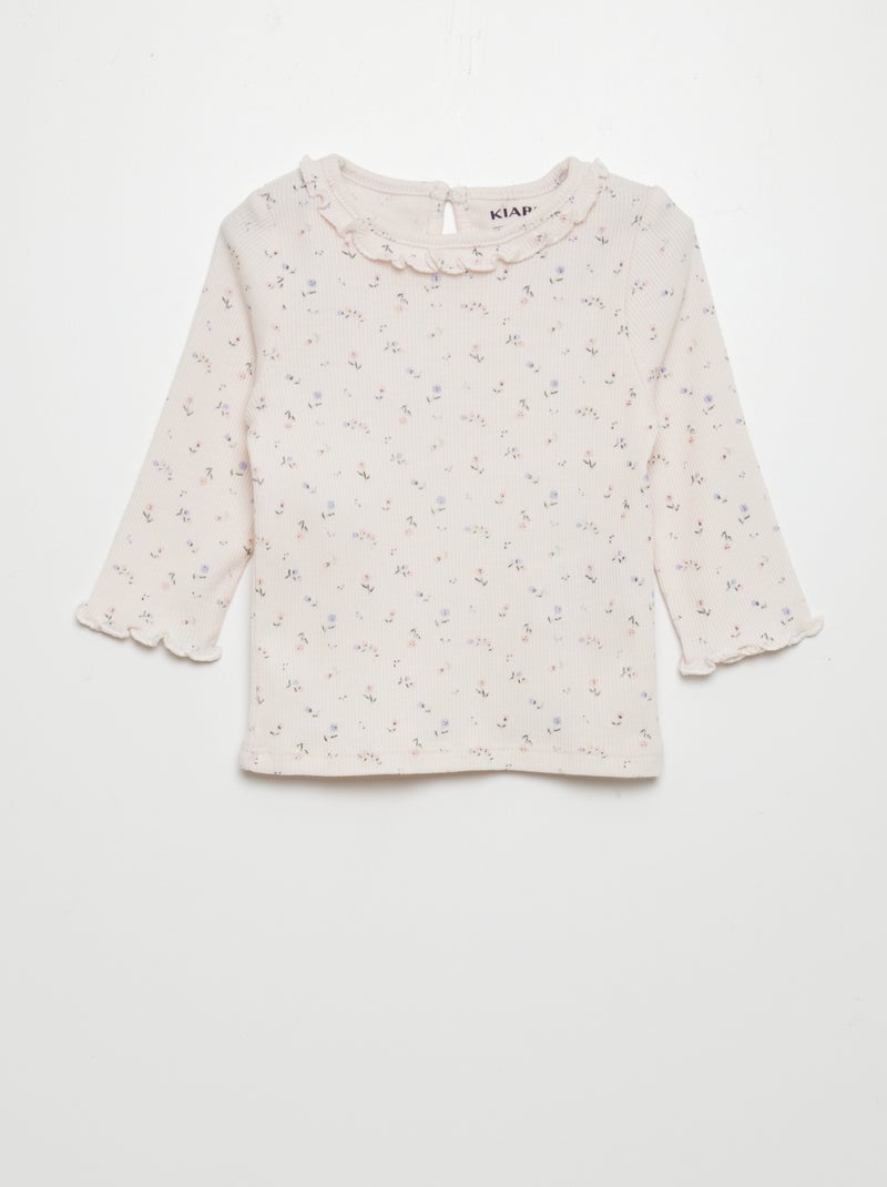 T-shirt em malha nervurada com folhos ROSA - Kiabi