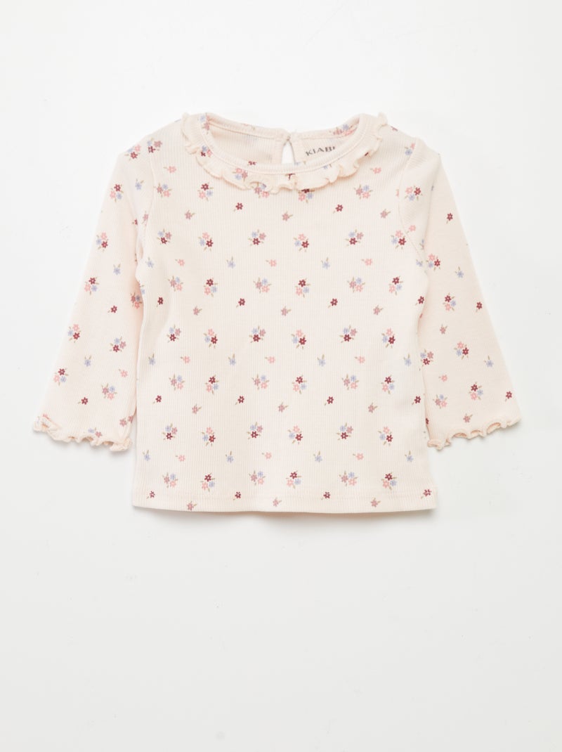 T-shirt em malha nervurada com folhos ROSA - Kiabi