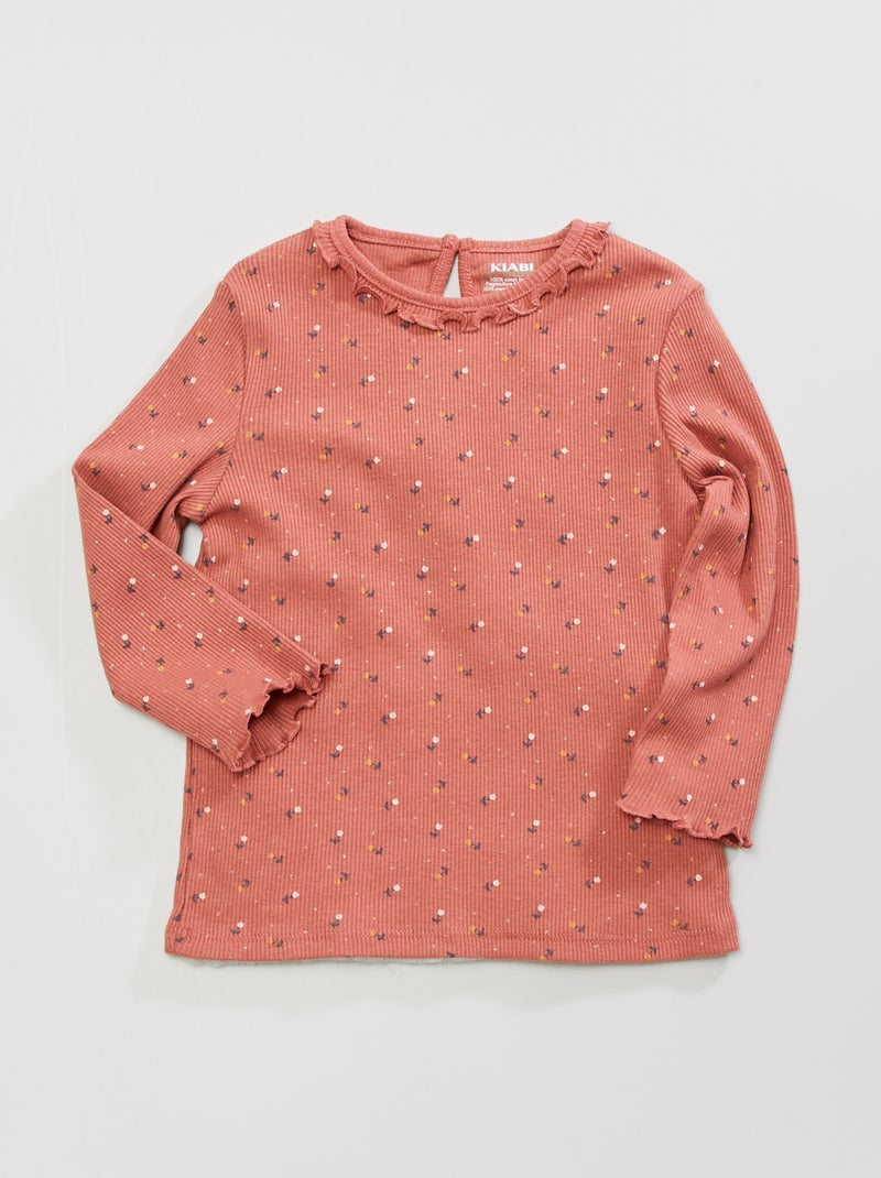 T-shirt em malha nervurada com folhos ROSA - Kiabi